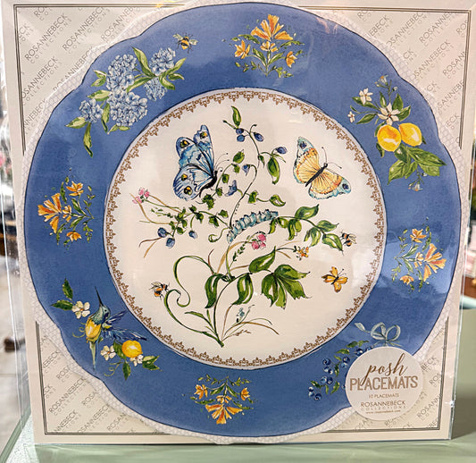 Posh Die Cut Placemat Handpainted Blue Plate with Butterflies and Vines Round