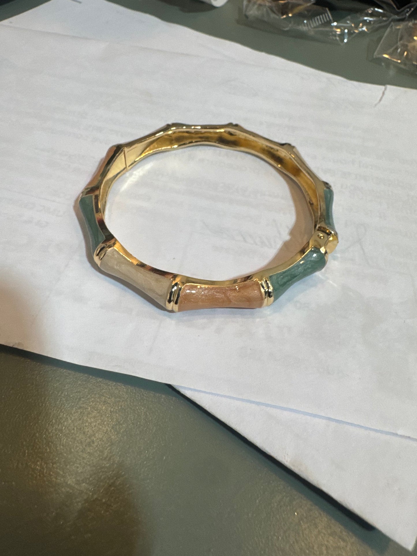 Green/Cream/Peach/ Bamboo Gold Bangle Bracelet