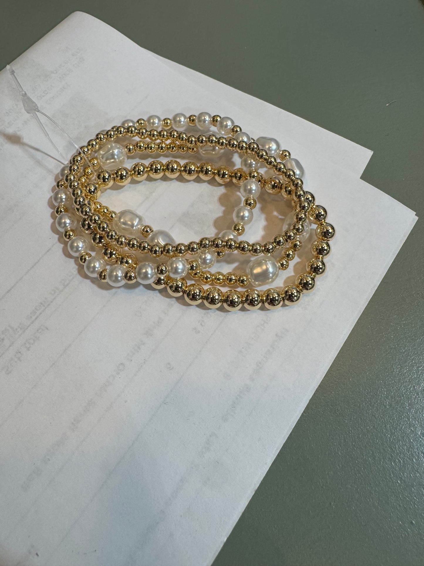 4 Piece Gold/Pearl Ball Bracelet