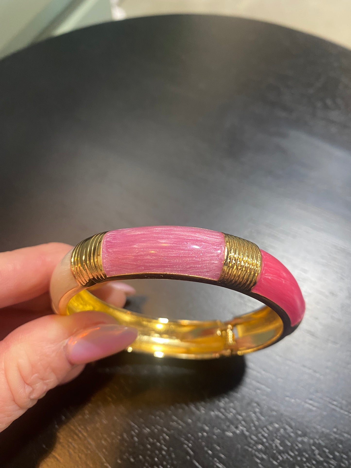 pink and gold enamel hinged bracelet