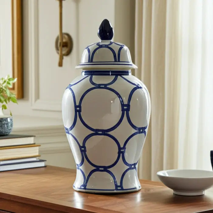 blue ceramic links temple jar 18"