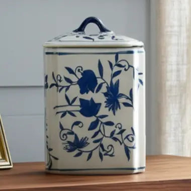 blue ceramic box jar w/ lid 8"