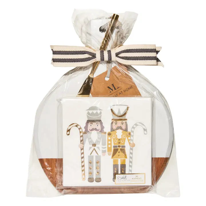 BevelChrismas  Board Kit - 9.75 X 8" White Acacia Medium w/ Gold Spreader, Gilded Nutcracker Napkin, and