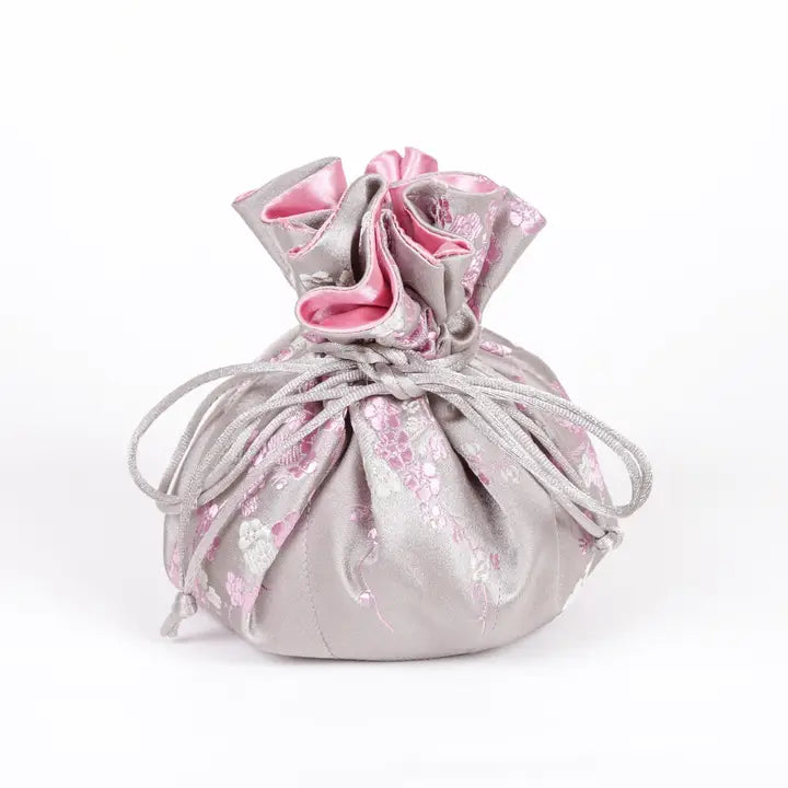Cherry Blossom brocade jewelry pouch-light gray & pink
