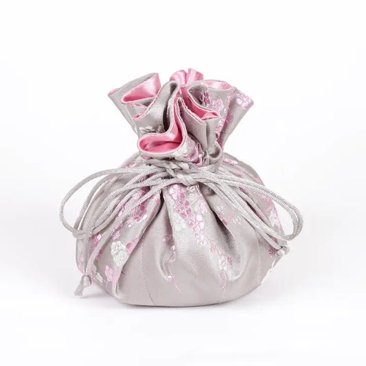 Cherry Blossom brocade jewelry pouch-light gray & pink