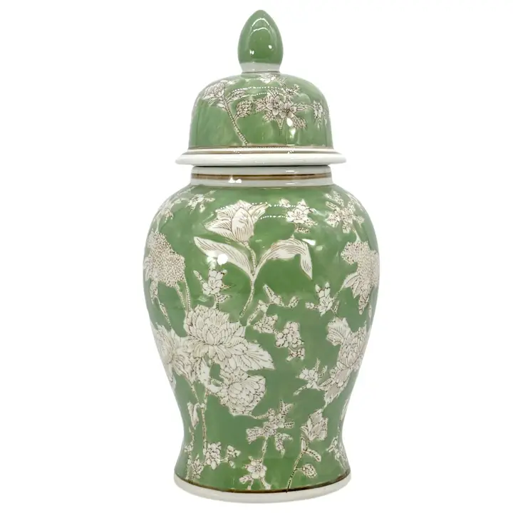 Classic Urn Shape Chinoiserie Ginger Jar 14" Green & White