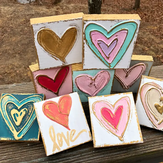 3x3 Heart Valentine Handmade Textured Wood Block hot pink/pastel pink