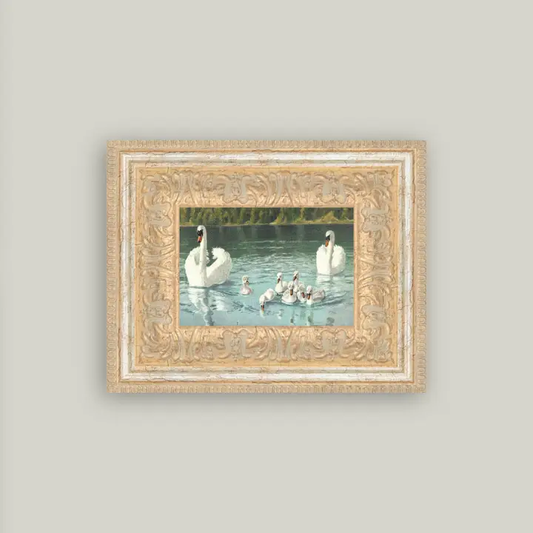 Swan Family Framed Antique Art 9x7