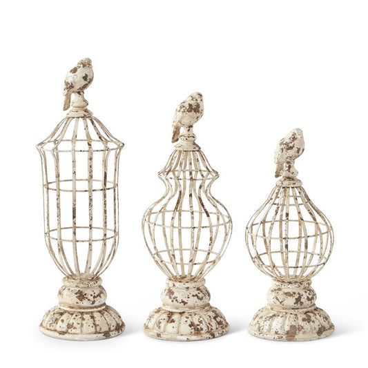 Small Whitewashed Metal Cage Finials w/Bird Tops