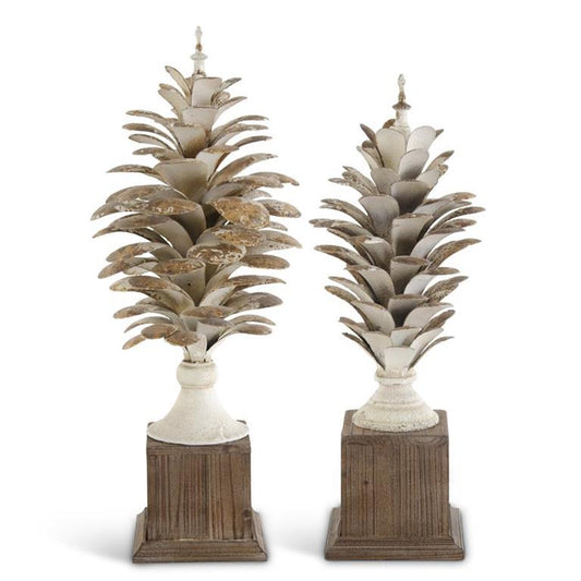 Small Gold Whitewashed Pinecone Finials on Wood Stand