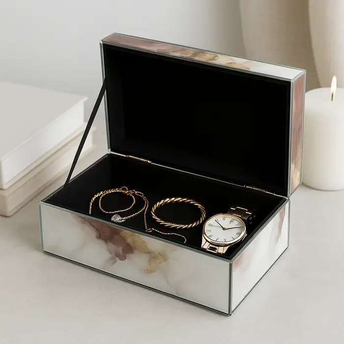 White/Gold Beige Wood Abstract Decorative Box