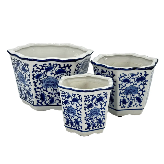 8" Ceramic Chinoiserie Planter Pot Set