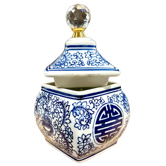 Chinoiserie Blue & White Shou Motif, Lidded Tangle