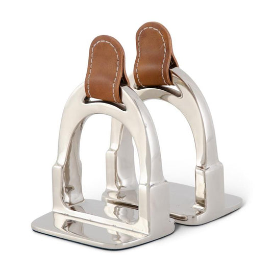 Set of 2 Silver Stirrup w/Brown Leather Strap Bookend