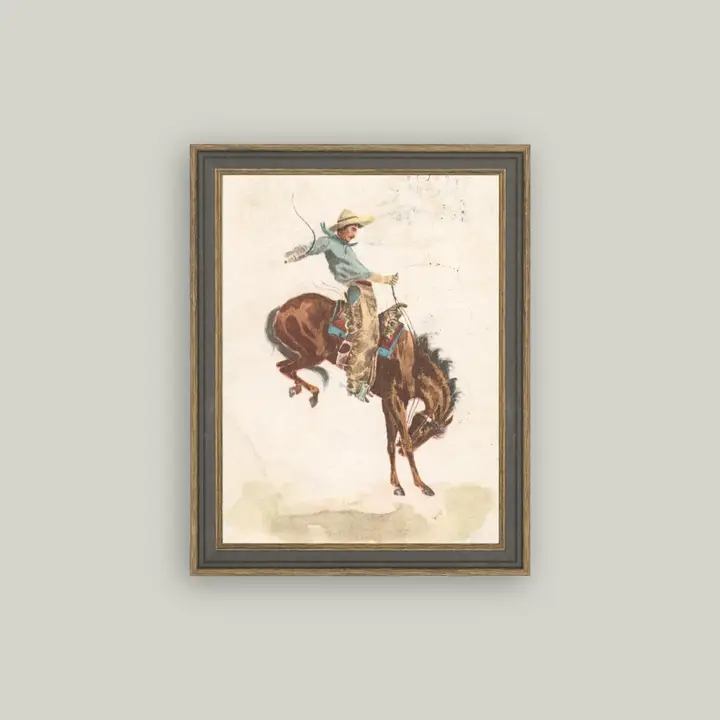 7x9" Bucking Bronco Framed Antique Art