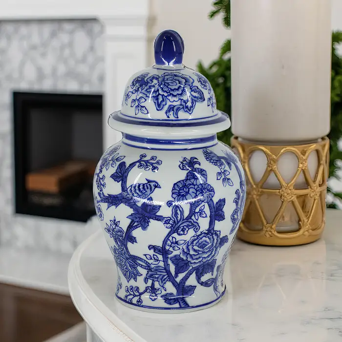 10" Ceramic Bird Flower Decorative Temple Jar